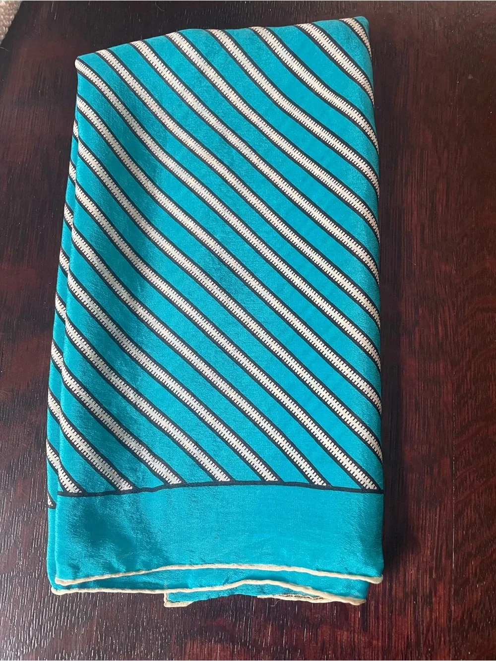 Vintage Square Silk Scarf Neckerchief Teal Blue Geometric Stripe Pattern